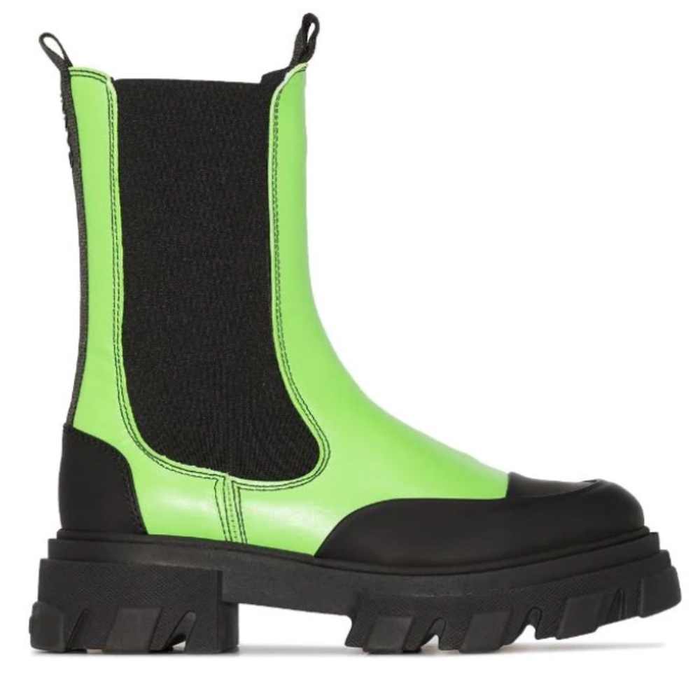 Ganni Calf Leather Brat Green Mid Chelsea Boot Neon Lime Green Chunky Lug